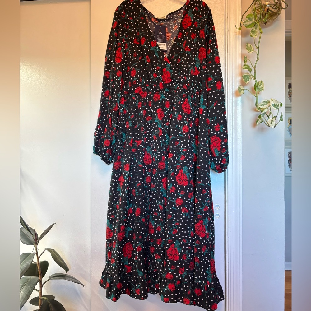 NWT Anna-Kaci Black & Red Bell Sleeves Rose Floral Print Faux Wrap Maxi Dress 4X